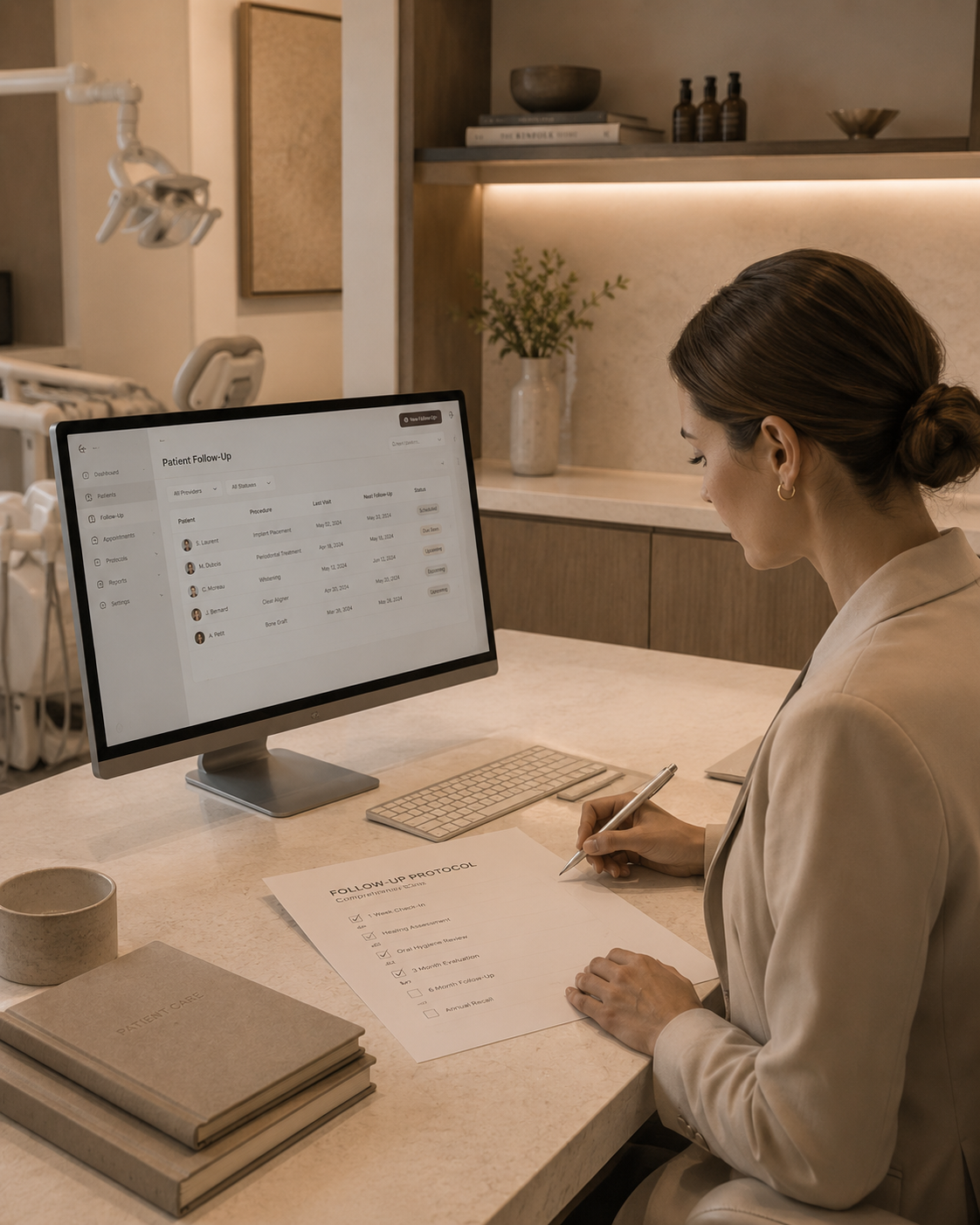 A practitioner reviewing the follow-up protocol — the system at work inside the practice